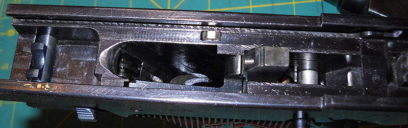 detail, L-35 frame with takedown latch closed and hammer down